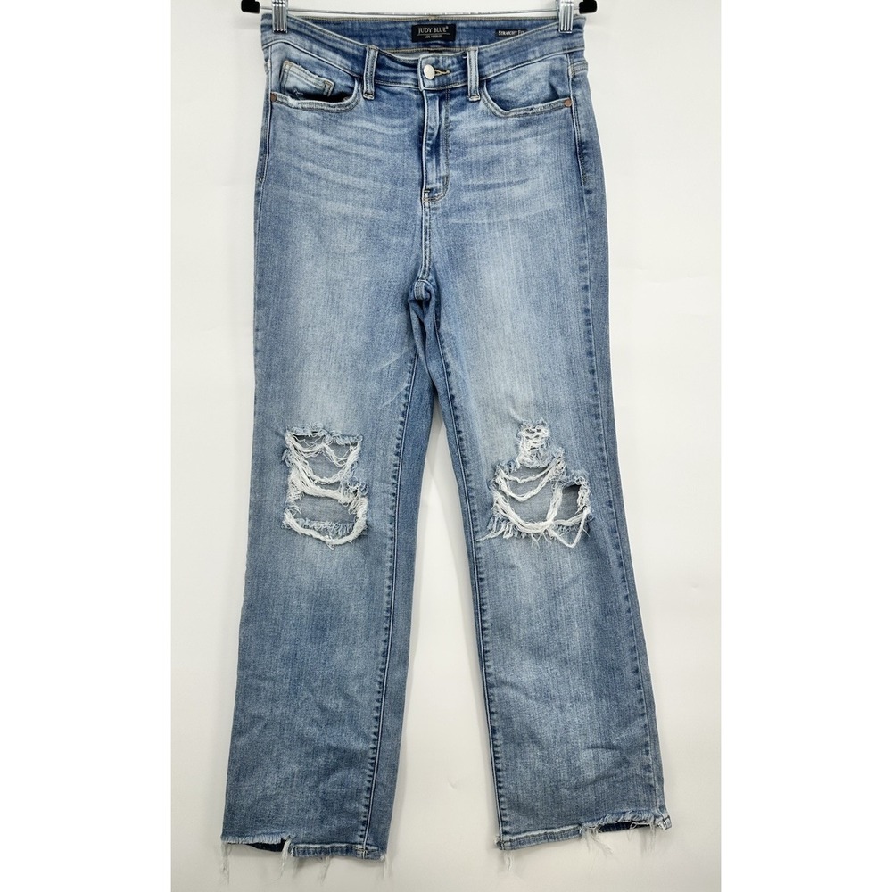Judy Blue Straight Fit Distressed Jeans Medium Wash Raw Hem Blue Womens 9/29